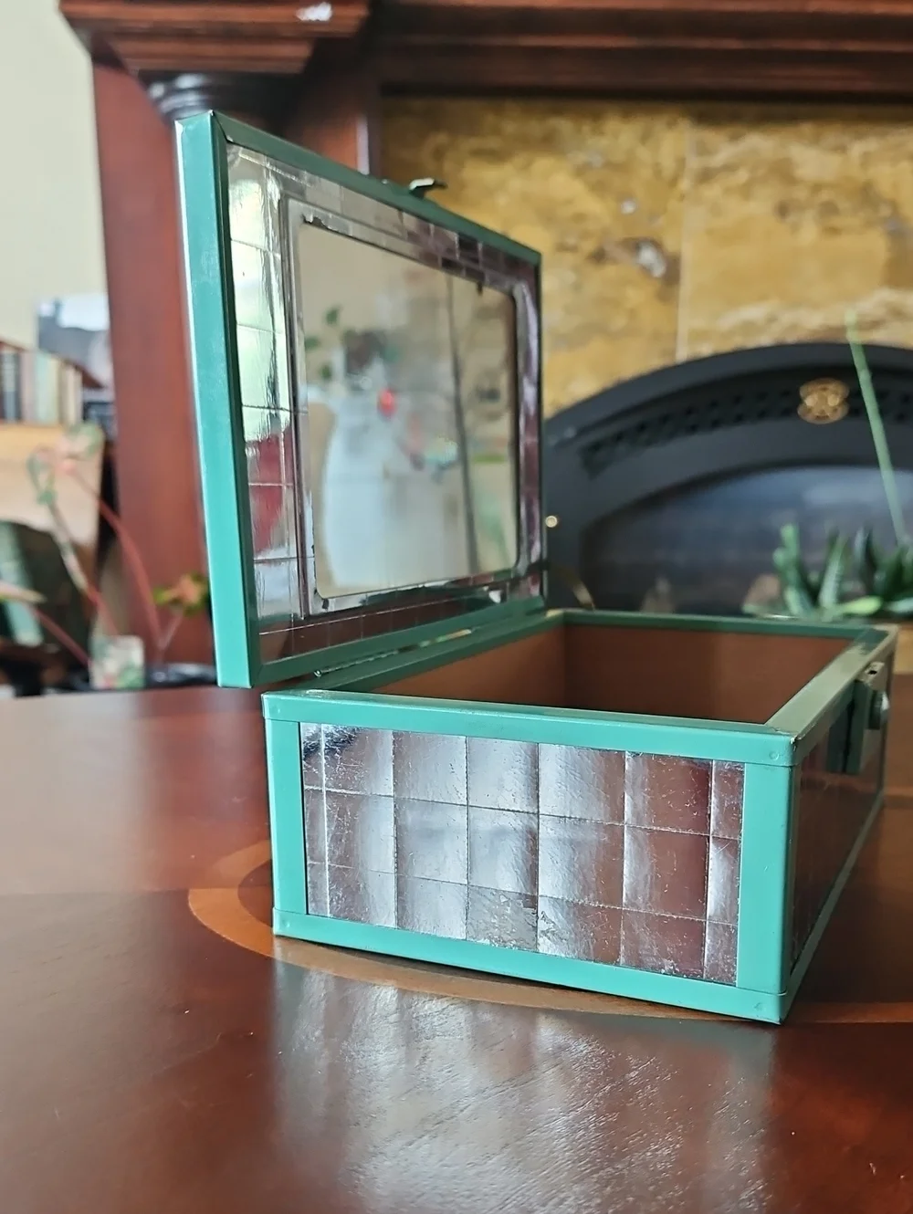 Antique Art Deco Mirror Tile & Wood/Metal Vanity Jewelry Box-Anton Pieck